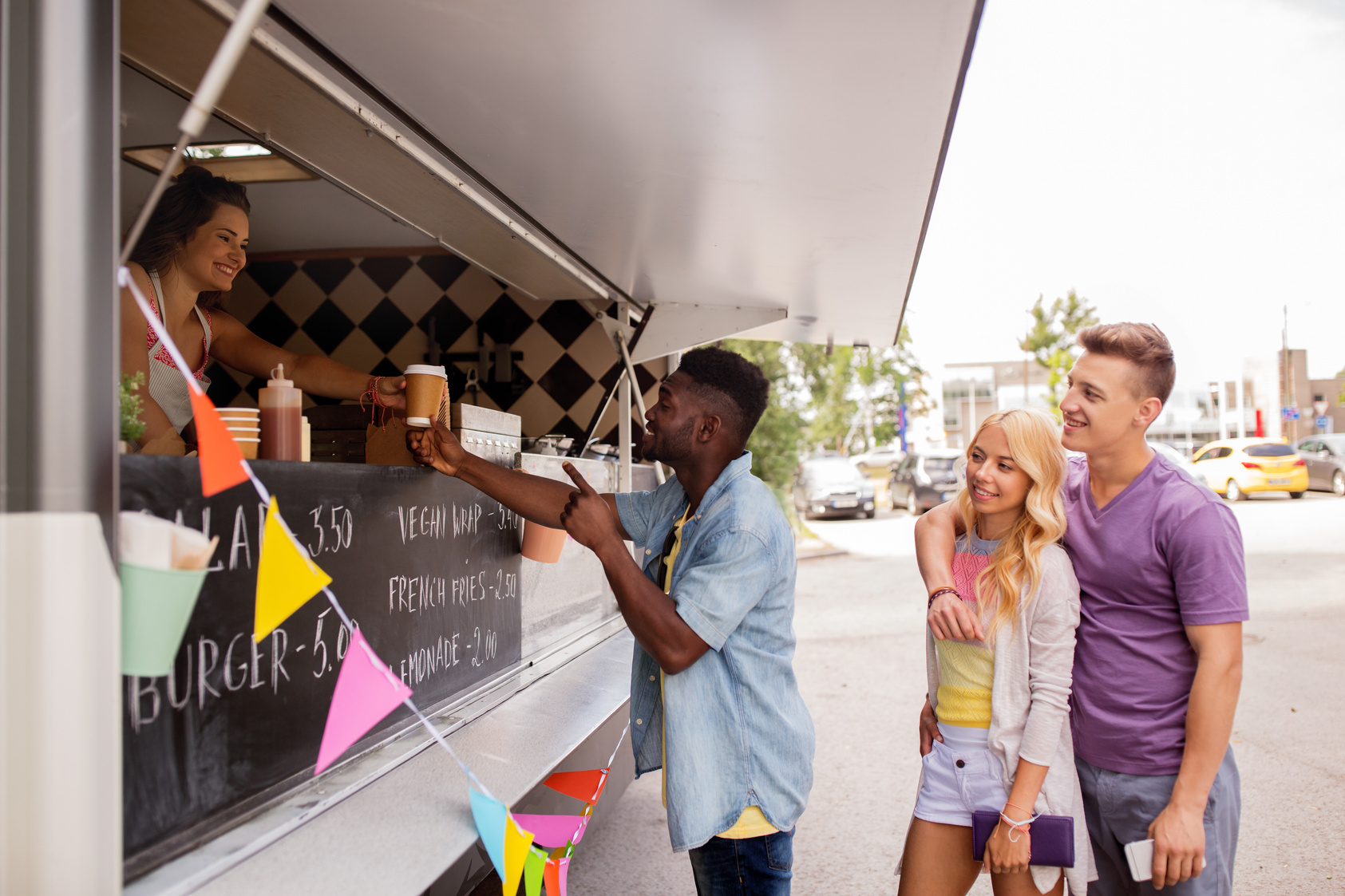 Happy Customers Queue at Food Truck
